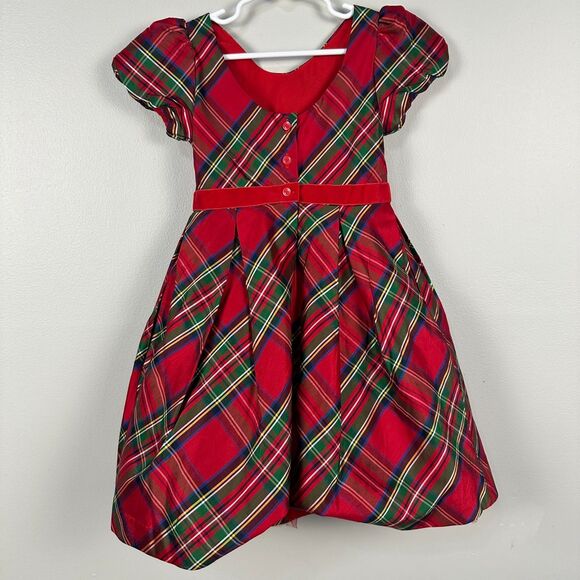 Janie and Jack Girls Size 4 Tartan Plaid Silk Christmas Dress Holiday Red Green - Picture 6 of 6